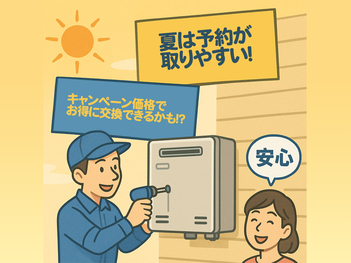 夏場の給湯器工事は予約が取りやすいうえに、メーカーや販売店によっては「オフシーズンのキャンペーン」や「在庫処分セール」などが行われることがあり、比較的お得に交換できるケースもあります