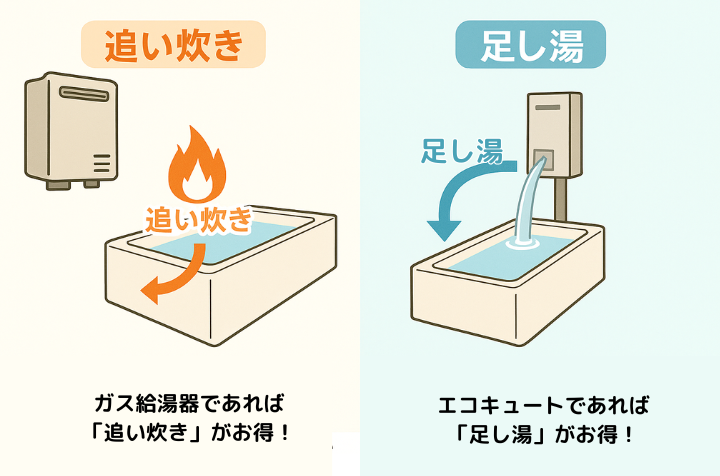 追い炊きと足し湯における給湯器の種類の関係