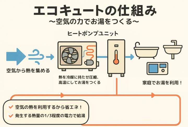 「ヒートポンプ方式」でお湯を沸かすエコキュート