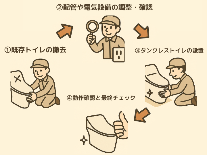タンクレストイレ設置工程の流れ