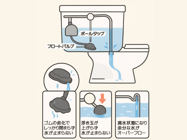 便器の中で水が止まらなくなる原因:「フロートバルブ(ゴムフロート)」の劣化や、「ボールタップ」「オーバーフロー管」の不具合