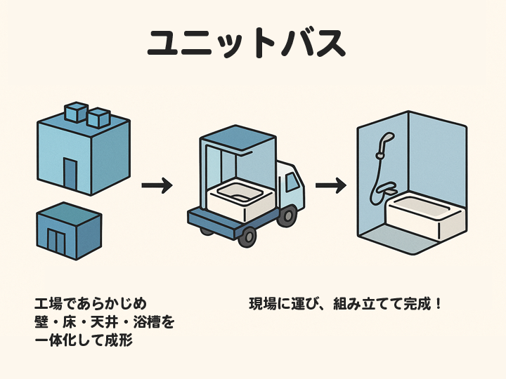 ユニットバスとは、工場であらかじめ壁・床・天井・浴槽をセットとして成形し、現場に運んで組み立てる浴室のこと