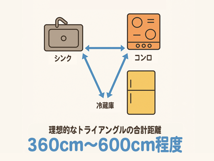「シンク」「コンロ」「冷蔵庫」を結んだ三角形をワークトライアングルと呼びます。