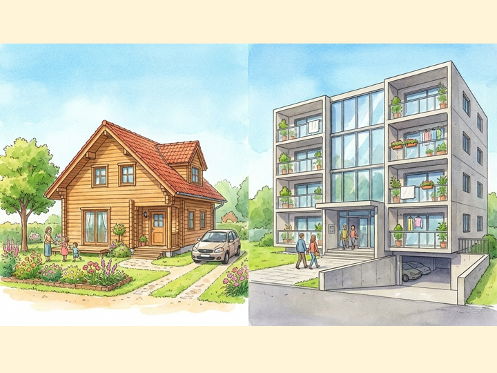戸建て住宅とアパートの比較イメージ