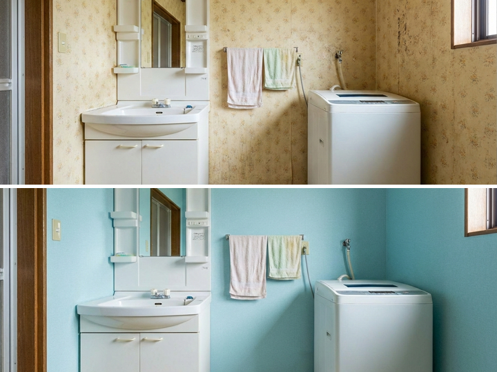 洗面所の壁紙張り替えのBefore、Afterのイメージ