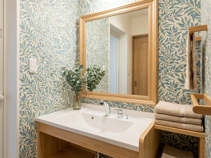 柄物の壁紙を使っている洗面所のイメージ