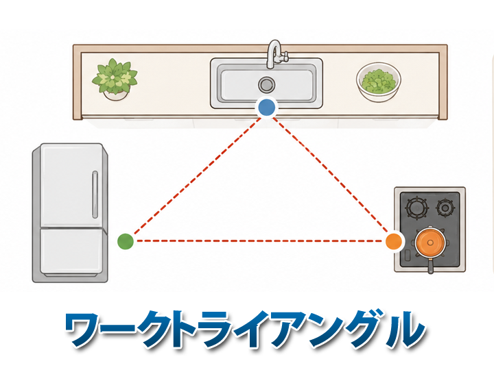 「シンク」「コンロ」「冷蔵庫」を結んでできる三角形の動線を指す「ワークトライアングル」