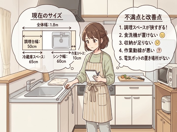 現在のキッチンのサイズと不満点を正確に数値化する
