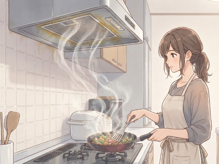 料理中に発生した油煙が換気扇へ付着する